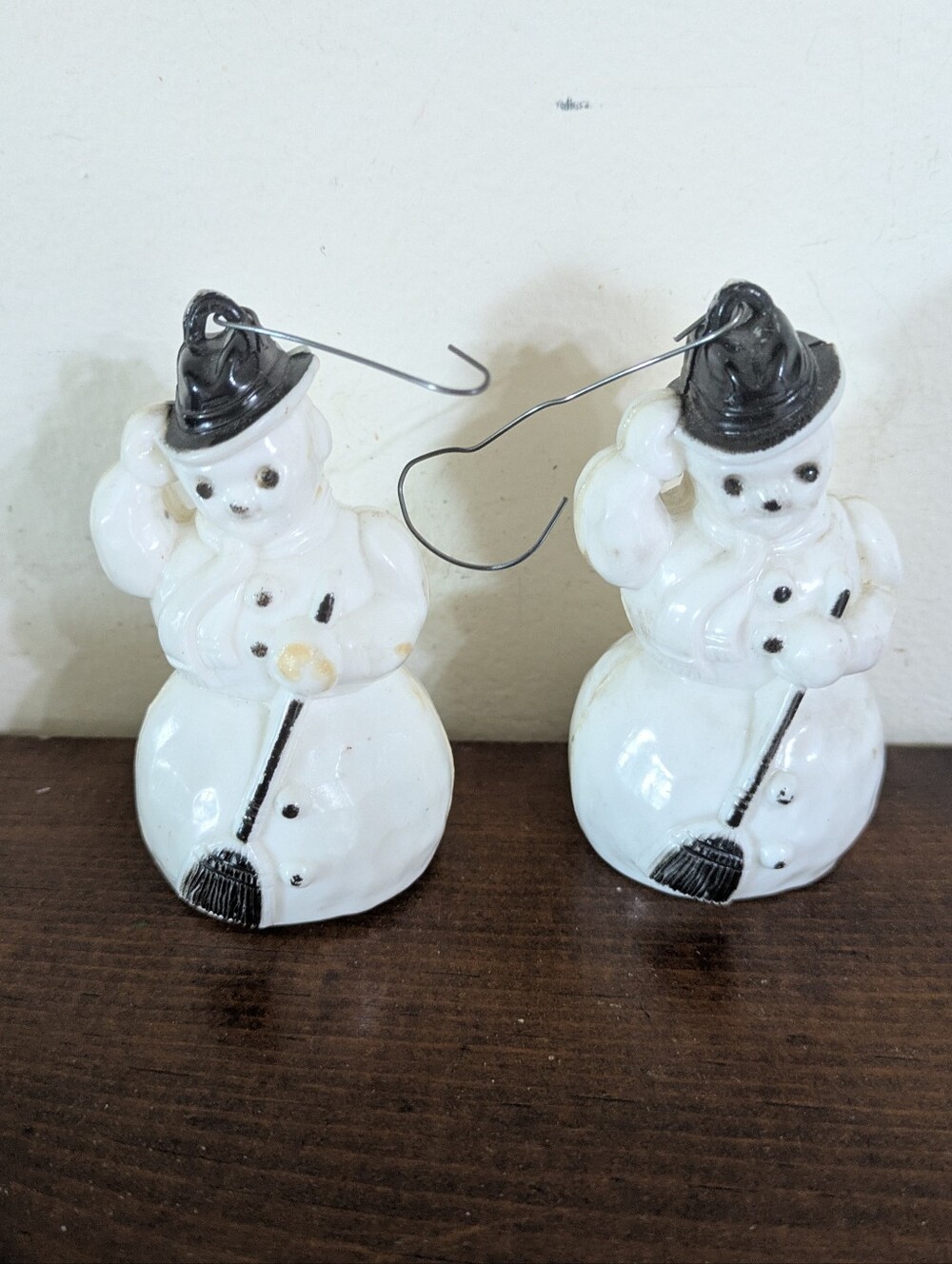 Vintage MCM Rosbro Hard Plastic Snowman Ornaments - Pair of 2 Black Hat & Broom